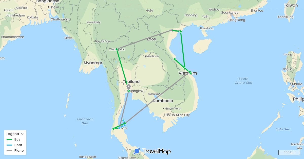 TravelMap itinerary: driving, bus, plane, boat in Thailand, Vietnam (Asia)